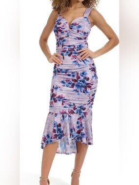 Siena purple multi-color Siena Sweetheart Ruched Mesh Midi Dress Size 6
